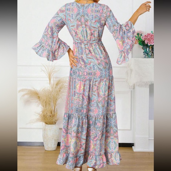 Boho Floral Print Paisley Flare Sleeve Ruffle Hem Maxi Dress - Picture 8 of 11